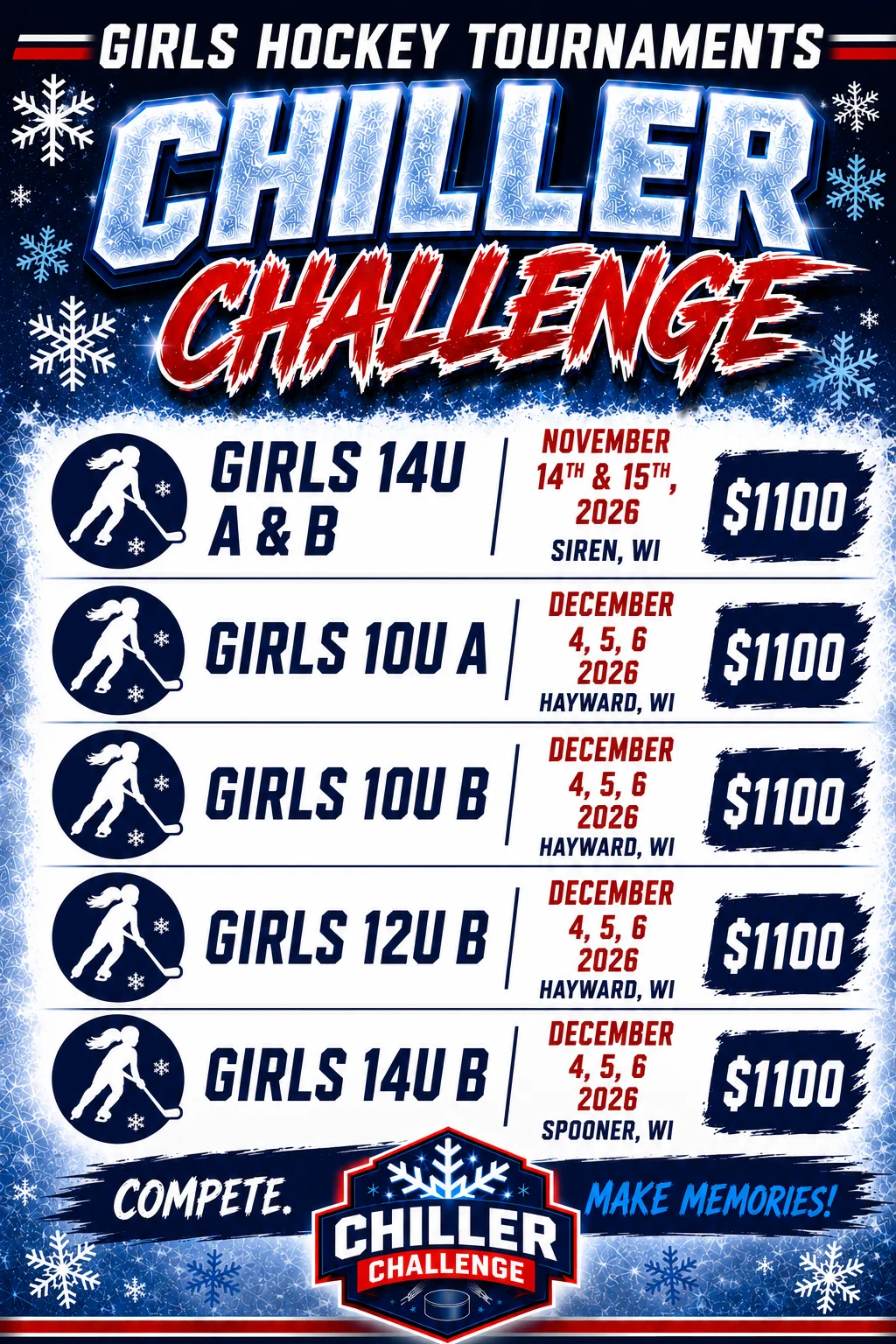 Chiller Challenge girls' hockey tournaments 2026 — Girls 14U A & B Nov 14–15 in Siren WI; Girls 10U A, 10U B and 12U B Dec 4–6 in Hayward WI; Girls 14U B Dec 4–6 in Spooner WI; entry $1100 per team
